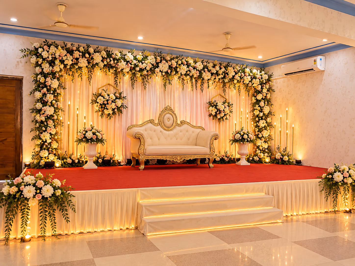 Floral wedding stage in the banquet hall